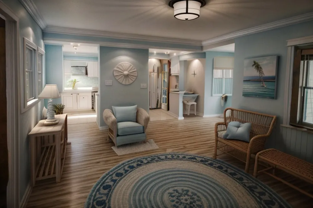 After: the coastal version, where the wood stove is gone and a blue rug fills the space