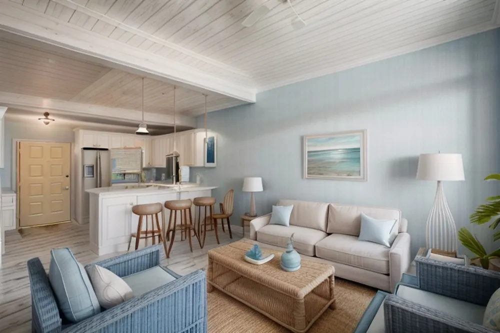 After: the same room with pale blue board walls, a white plank ceiling, wicker armchairs and a rattan coffee table