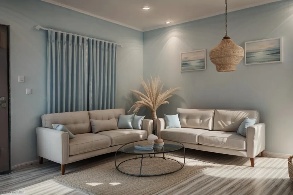 After: the same room with pale blue walls, seascape prints, a woven pendant and dried grasses