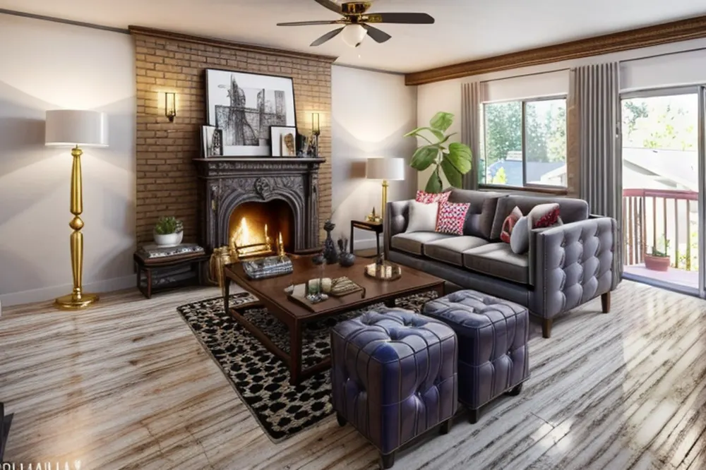 After: the same room with a tufted grey sofa, purple velvet ottomans, a leopard-print rug and a brick fireplace