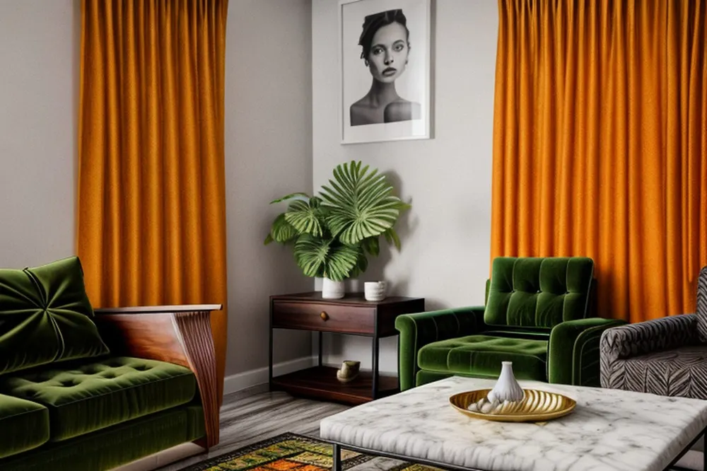 After: the same room in eclectic style with the orange curtains kept, green velvet armchairs, a portrait print, a palm and a zebra-print chair