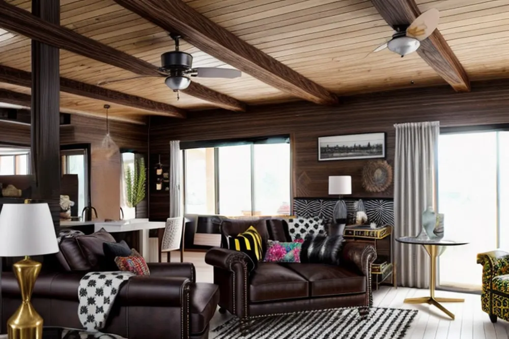 After: the same room with brown chesterfield sofas, patterned pillows, a geometric rug, a brass side table and a mustard chair