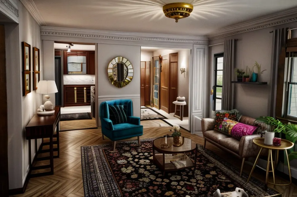After: the eclectic version with a teal velvet chair, a patterned rug and a sunburst mirror, but no stove