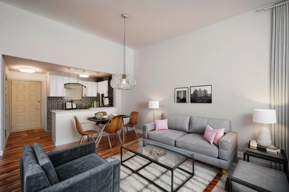 After: a light-touch eclectic version with pink pillows, a glass pendant and wood dining chairs