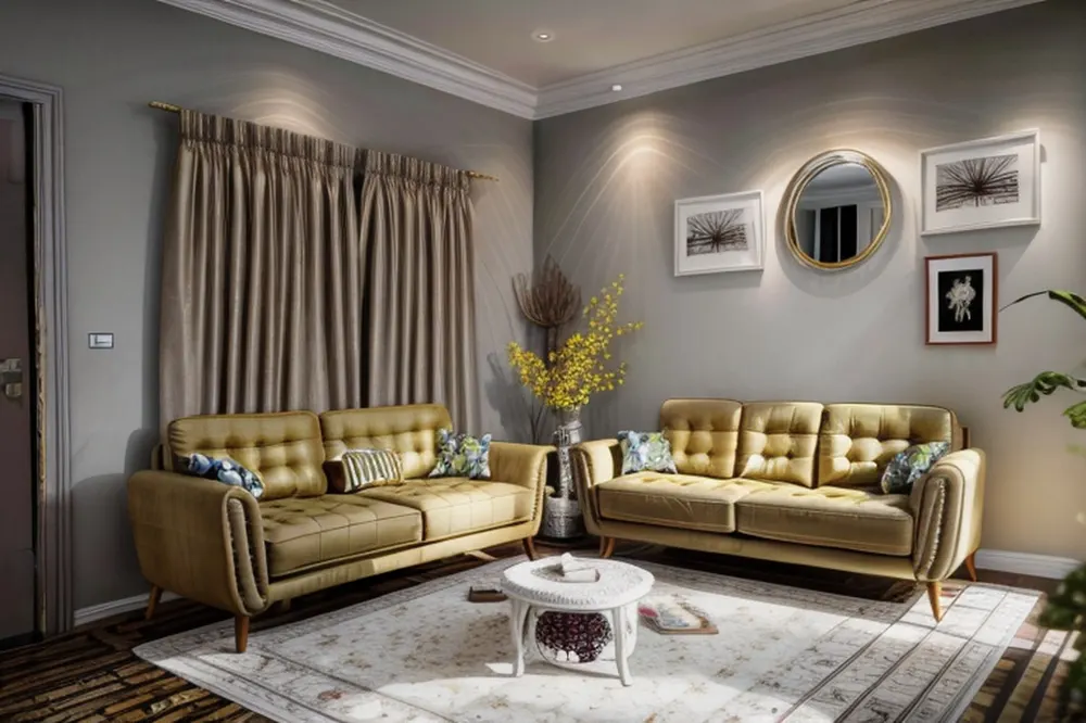 After: the same room with mustard leather sofas and a gallery wall