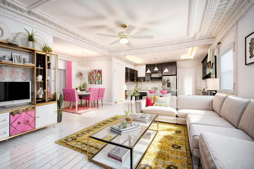 After: the same room with pink dining chairs, a pink cabinet, a patterned yellow rug and an ornate ceiling