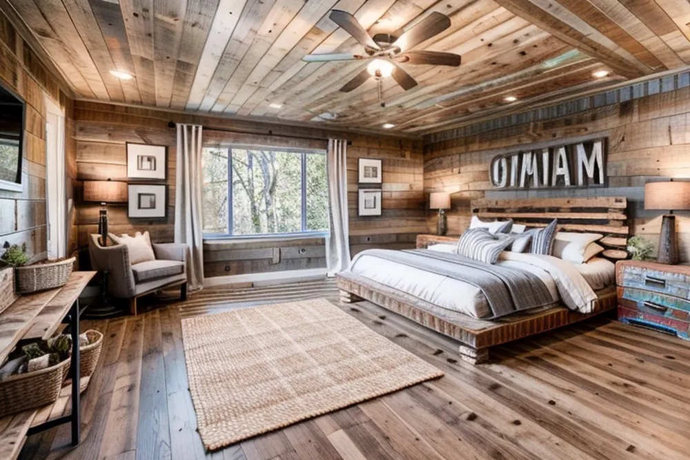 After: the AI farmhouse version with reclaimed wood walls and ceiling and a large wall sign with nonsense letters