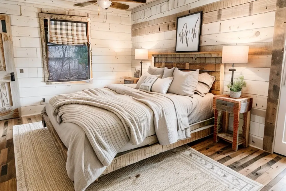 After: the same bedroom with whitewashed board walls, a buffalo-check window shade, a reclaimed-wood bed and nightstand and white bedding