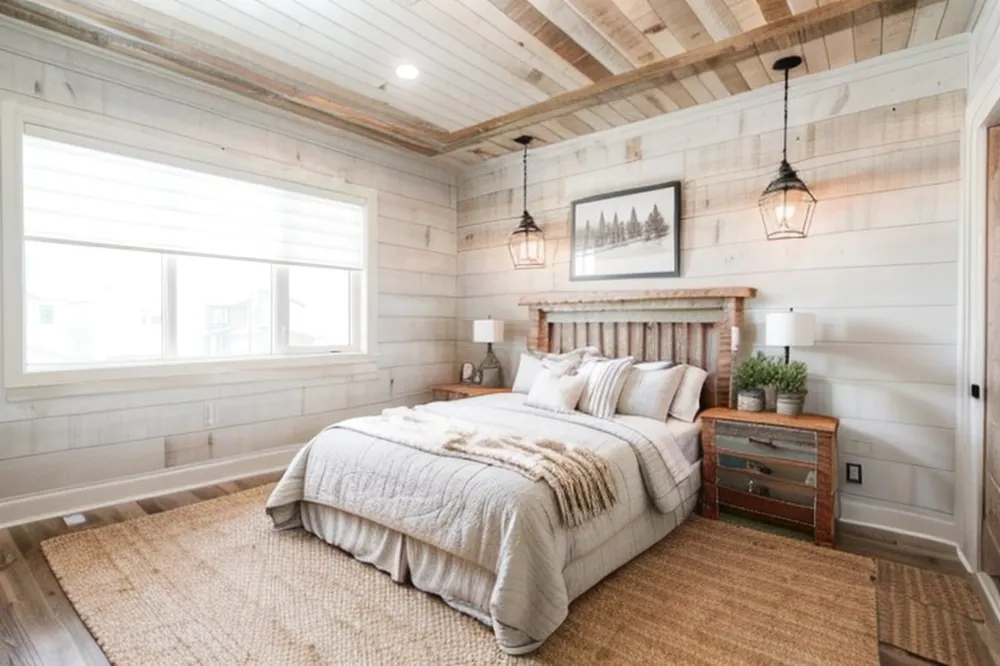 After: the same bedroom in modern farmhouse style with whitewashed planks and lantern pendants