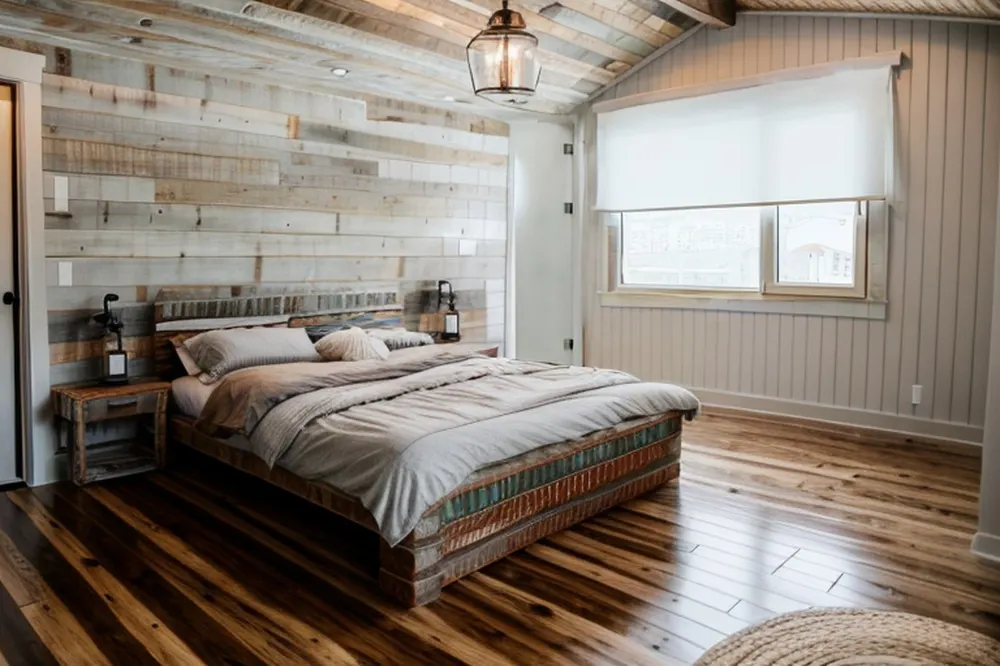 After: the same bedroom in rustic farmhouse style with a grey reclaimed-wood wall, beadboard, a lantern pendant and a reclaimed plank bed