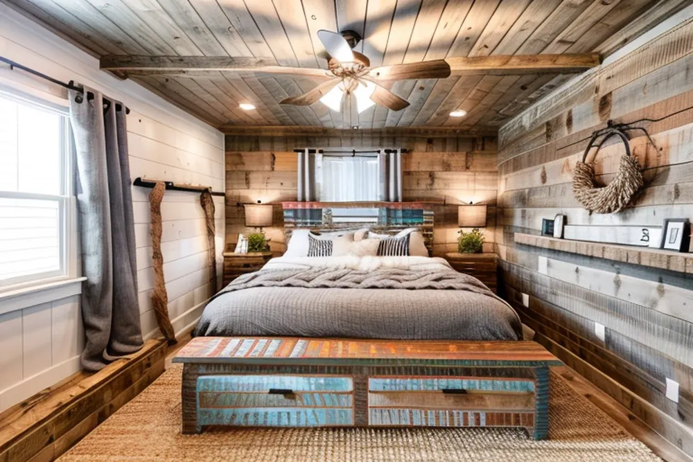 After: the same bedroom in rustic farmhouse style with reclaimed wood walls and ceiling, a beam, a painted storage bench and a wreath