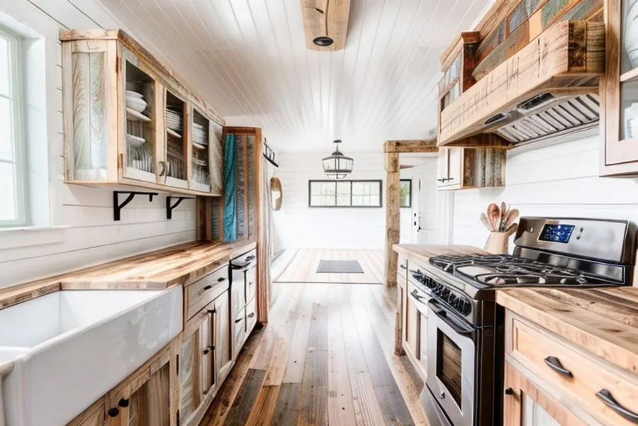 After: rustic farmhouse galley with an apron-front sink, reclaimed wood glass-front cabinets, white shiplap walls and ceiling, a wood beam and a lantern light