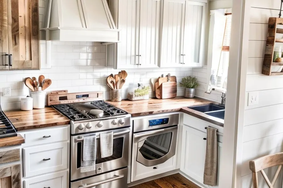 After: small modern farmhouse kitchen with white plank cabinets, white subway tile, butcher-block counters, a range hood and wooden utensils in crocks