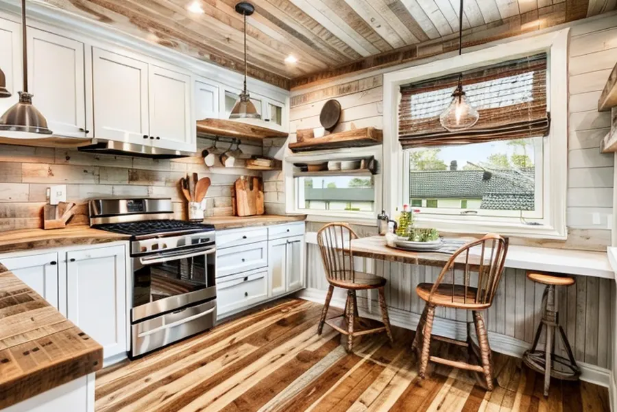 After: farmhouse kitchen with a reclaimed wood ceiling and walls, metal pendant lights, open wood shelves, butcher-block counters and Windsor-style chairs