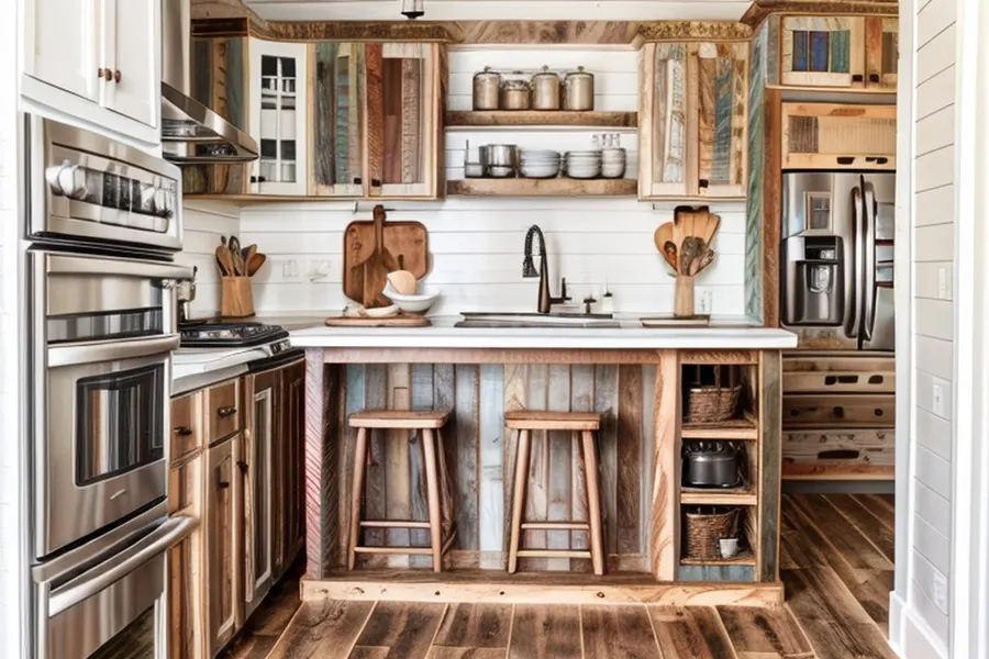 After: rustic farmhouse with a reclaimed wood island and two wooden stools, open shelves with canisters, a white shiplap backsplash and mixed wood cabinets