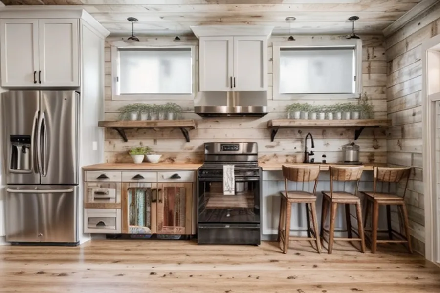 After: rustic farmhouse with a whitewashed plank wall, open wood shelves on black brackets with plants, mixed wood cabinets and three wooden bar stools