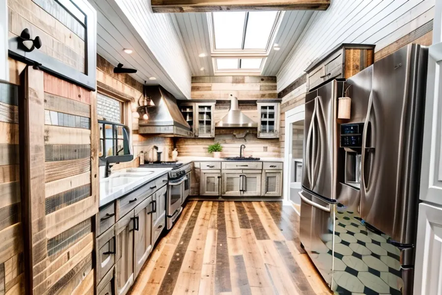 After: rustic farmhouse with reclaimed wood walls and a barn-door style panel, a white plank ceiling with the skylight kept, and a stainless range hood