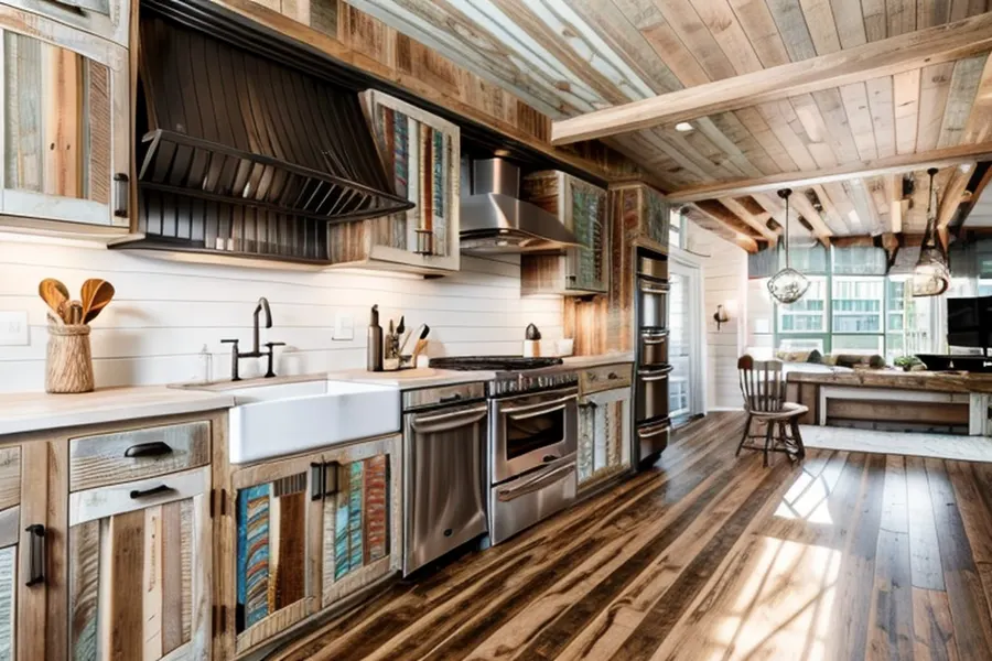 After: very rustic farmhouse with multi-colour reclaimed wood cabinets, an apron-front sink, a dark planked range hood, a wood ceiling with a beam and a shiplap backsplash
