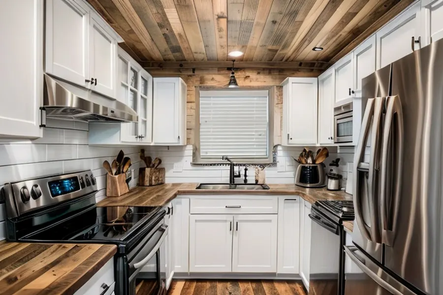After: modern farmhouse with the same white cabinets, butcher-block counters, white subway tile, a wood plank ceiling and a pendant light