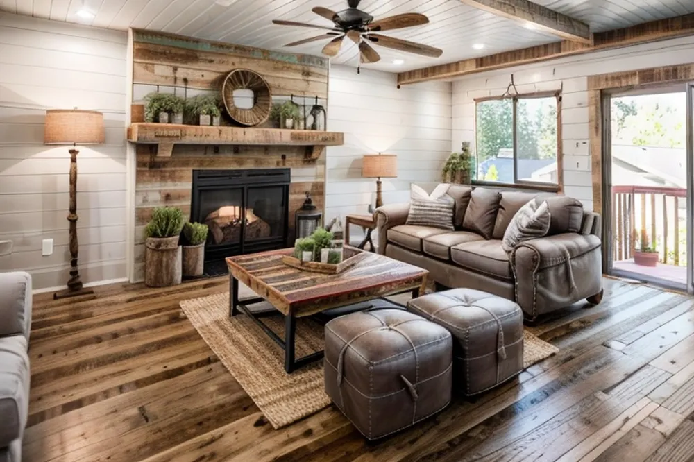 After: the same room in rustic farmhouse style with reclaimed wood around the fireplace, a mantel with a wreath and leather ottomans