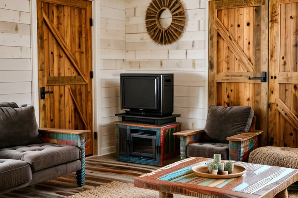 After: the AI farmhouse version, where the curtained windows became wooden barn doors