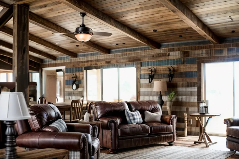 After: the same room with brown leather sofas and a back wall of reclaimed boards, some painted blue