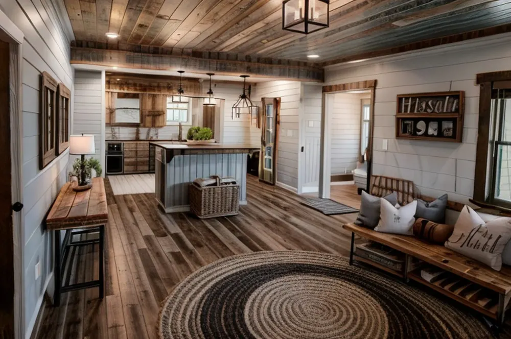 After: the AI farmhouse version, where the wood stove is gone and a kitchen with an island appears behind