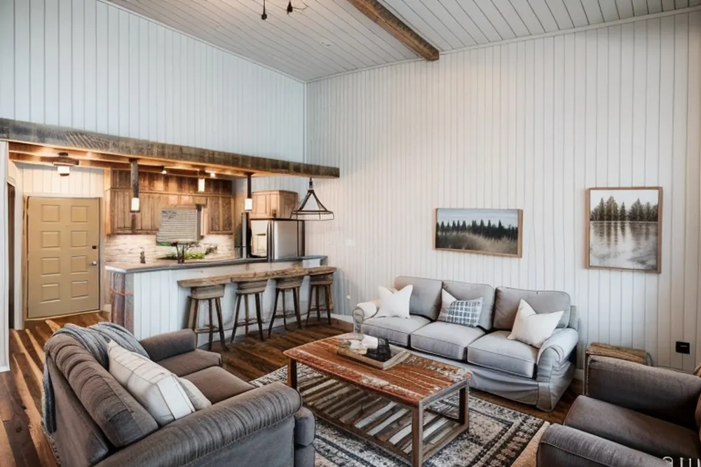 After: the same room with white shiplap walls, a wood beam, grey sofas and a wood coffee table, with a breakfast bar by the kitchen