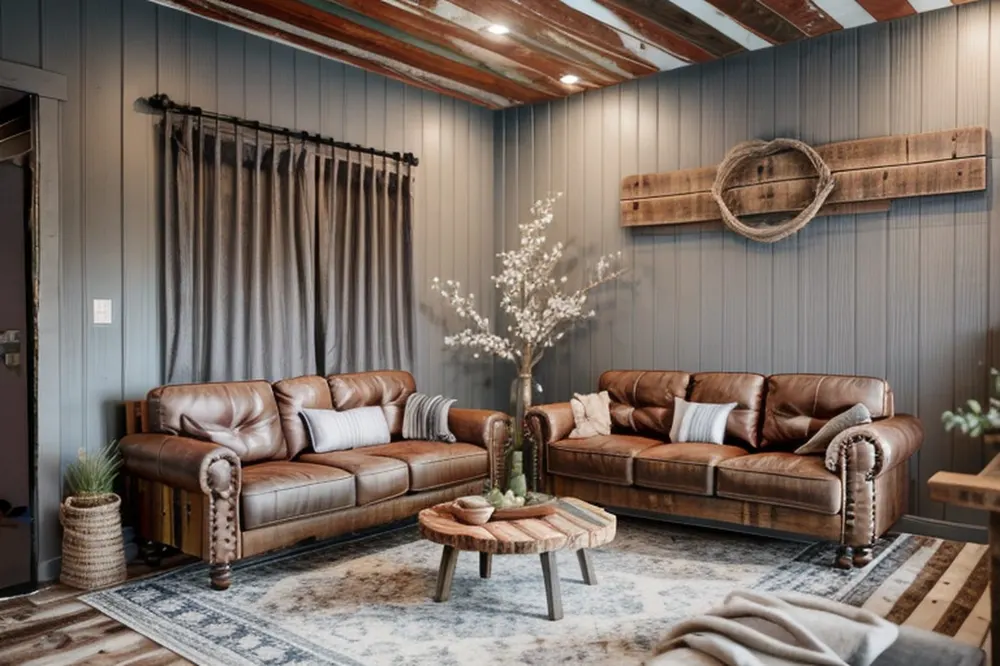 After: the same room with dark grey board walls, brown leather sofas, a round wood coffee table and grey curtains