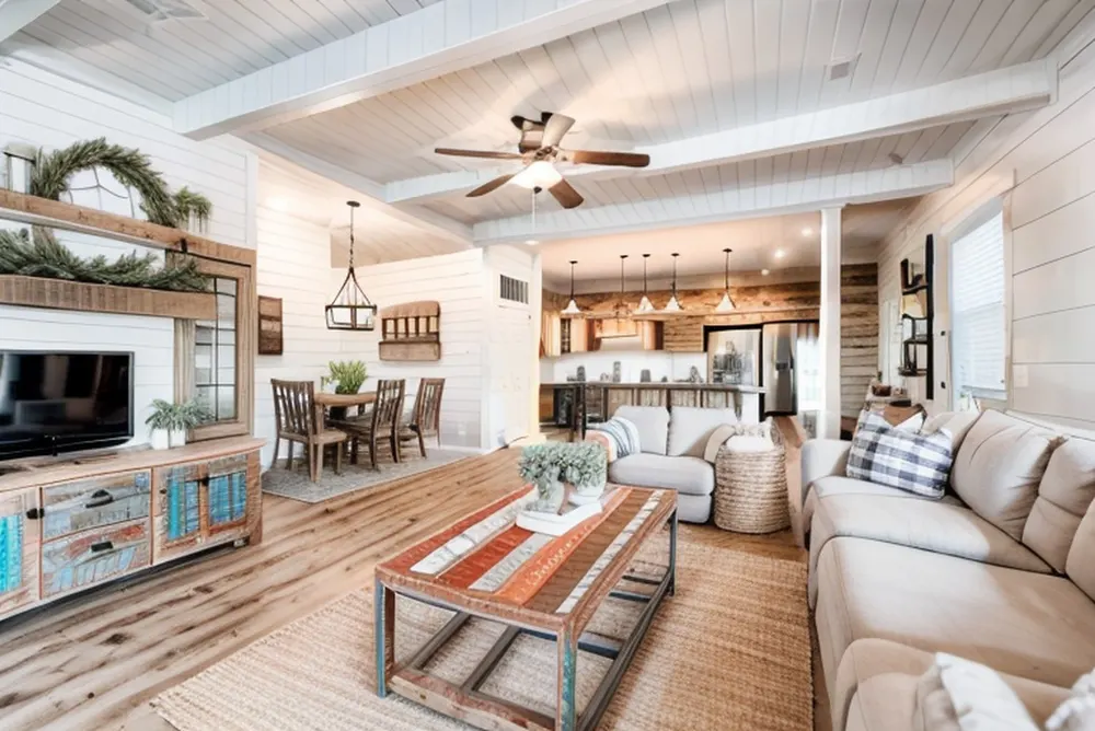 After: the same room in modern farmhouse style with a white plank ceiling and a lantern pendant