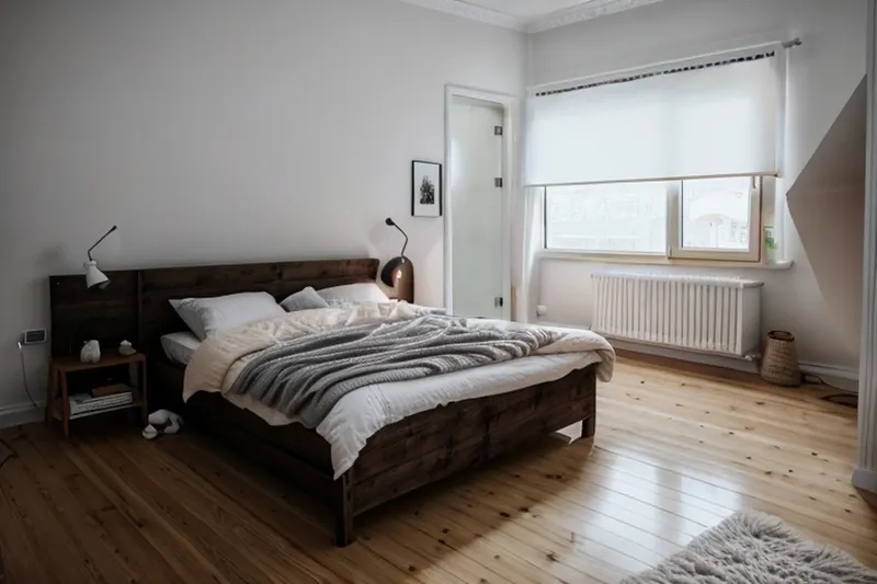 Scandinavian redesign of the bright photo: light floor, white walls, a cosy bed with a throw
