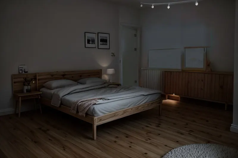Scandinavian redesign of the darkened photo: the room stays dim, grey and murky