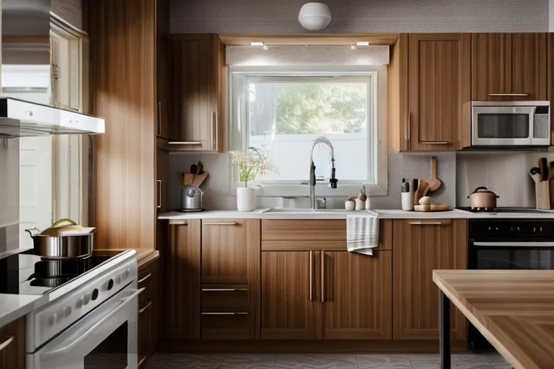 Minimalist redesign: flat wood cabinet doors, white counters, plain walls, same window and sink
