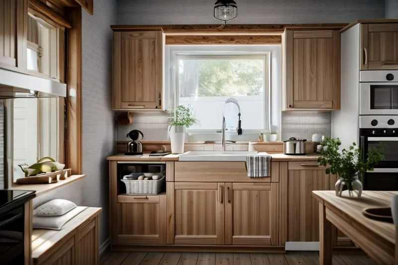 Scandinavian redesign: lighter wood cabinets, white counters, same window and sink