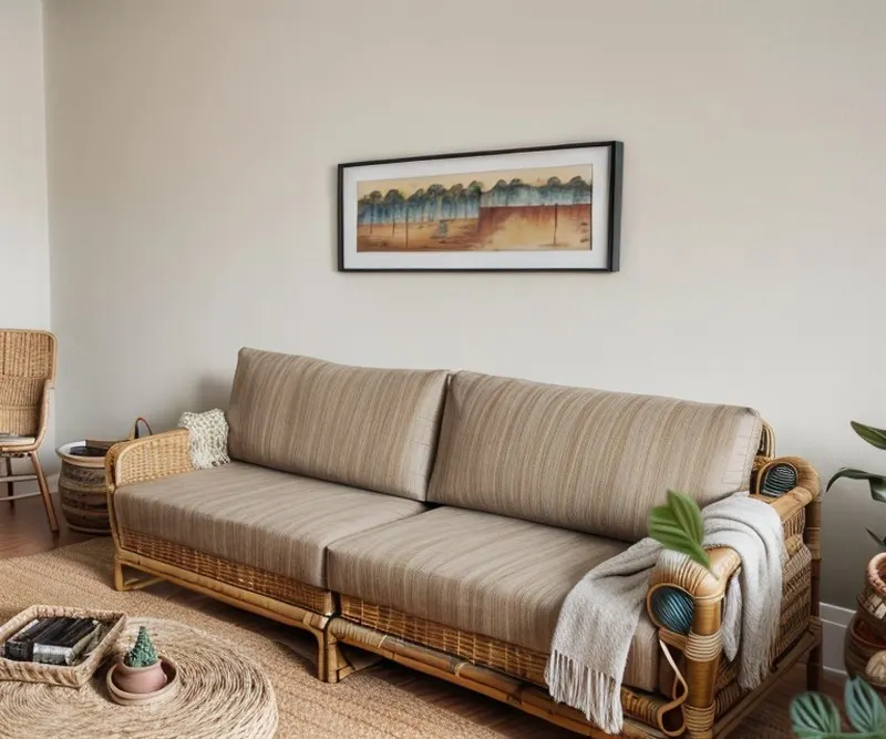 Boho redesign of a close-up crop: only a sofa, a picture and a corner of the floor