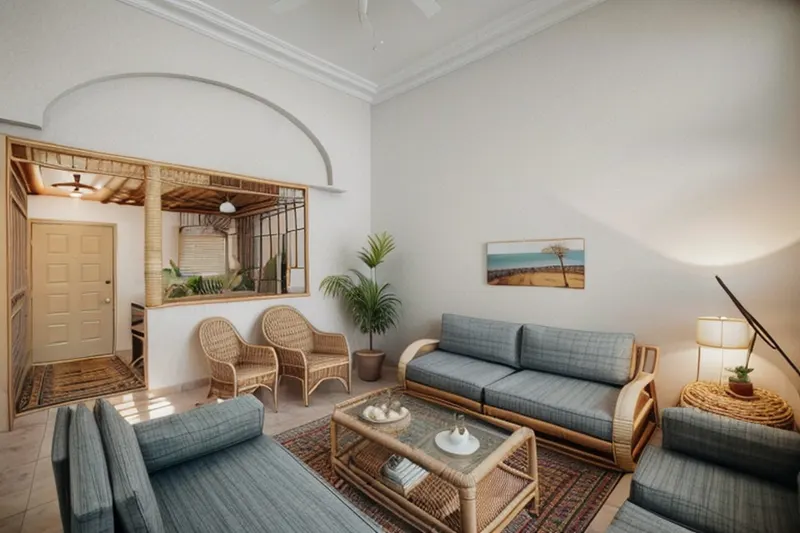 Boho redesign of a whole living room: rattan chairs, a rattan coffee table, a rug, plants and a wood-framed opening