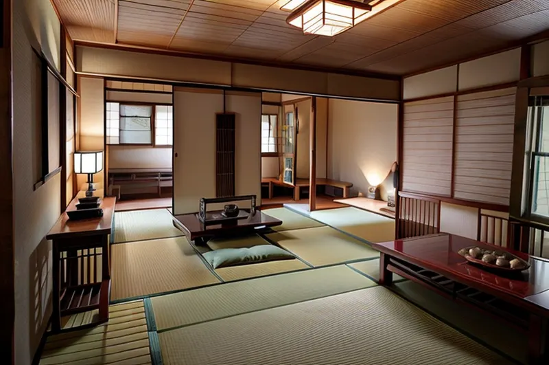 Japanese redesign with room type set to living room: tatami floor, low table, floor cushions