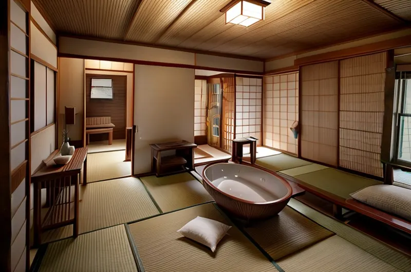 Japanese redesign with room type wrongly set to bathroom: a bathtub appears in the middle of the living room
