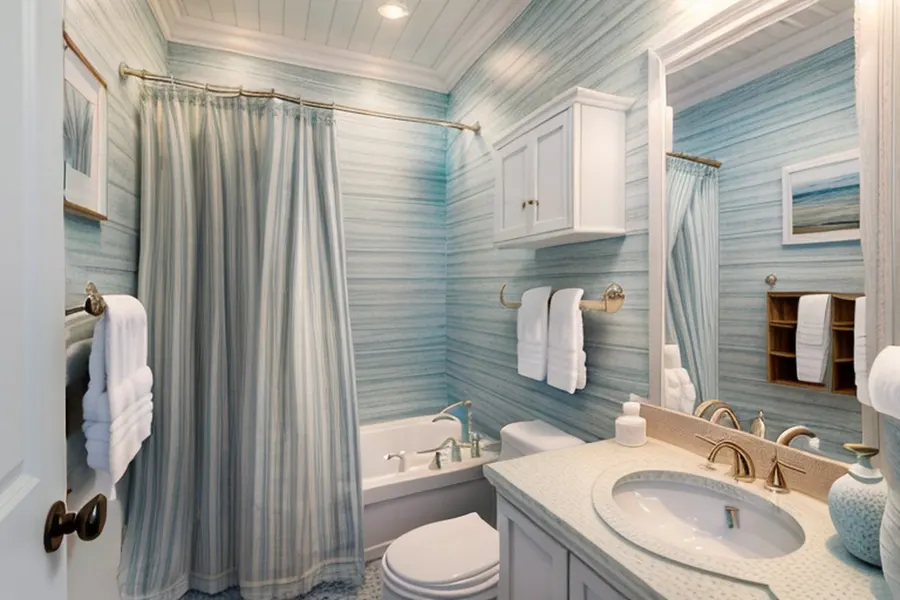 After: the bathroom in coastal Beach style with light blue panelling and white cabinets