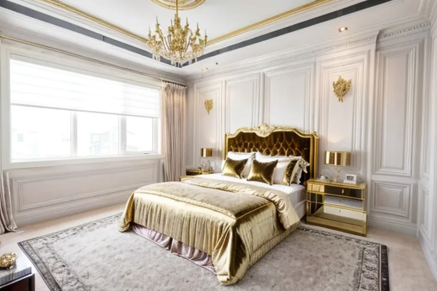 After: the bedroom in Hollywood Regency style with a gold headboard, chandelier and panelled walls