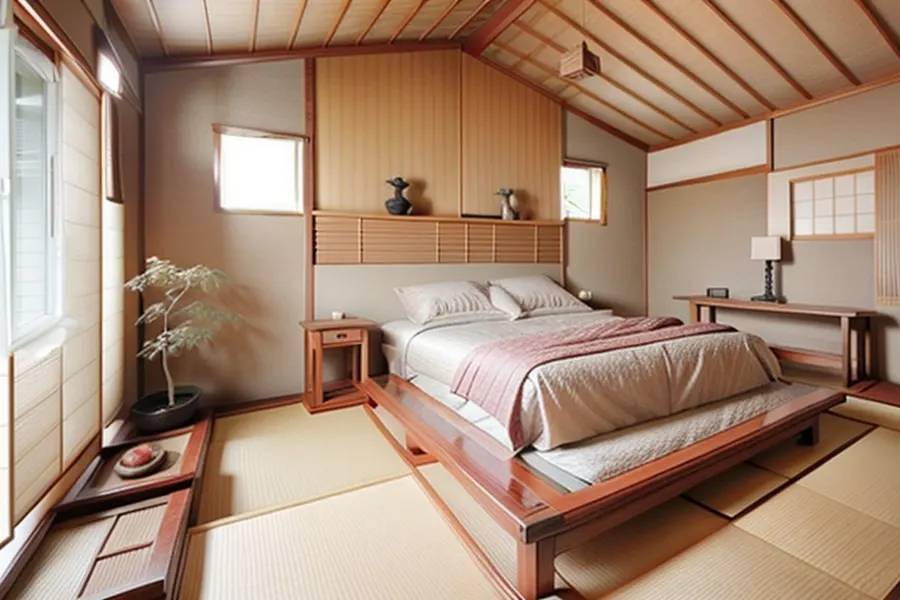 After: the bedroom in Japanese style with wood ceiling, tatami-style floor and a low wooden bed