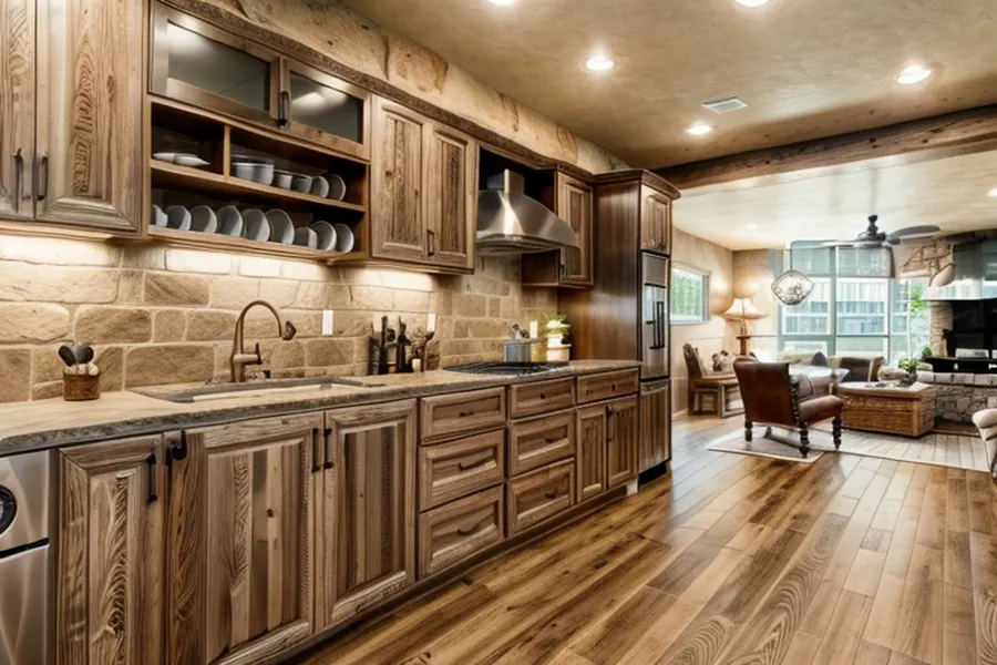 After: the kitchen in Texan ranch style with dark wood cabinets and stone backsplash