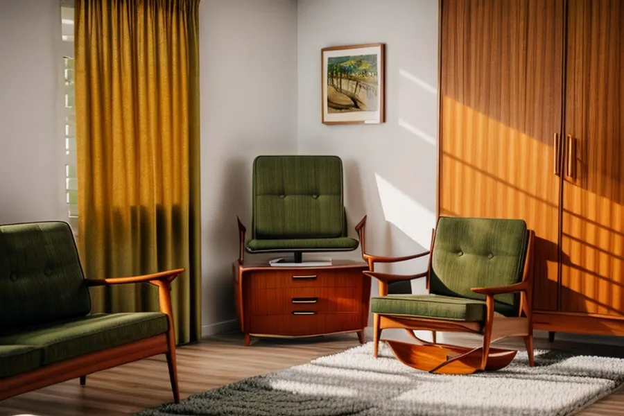 After: the living room in mid-century modern style with teak furniture and green lounge chairs