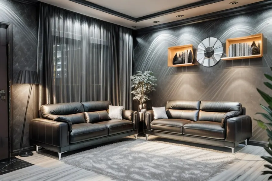 After: the living room in Neon Noir style with dark walls, black leather sofas and moody lighting