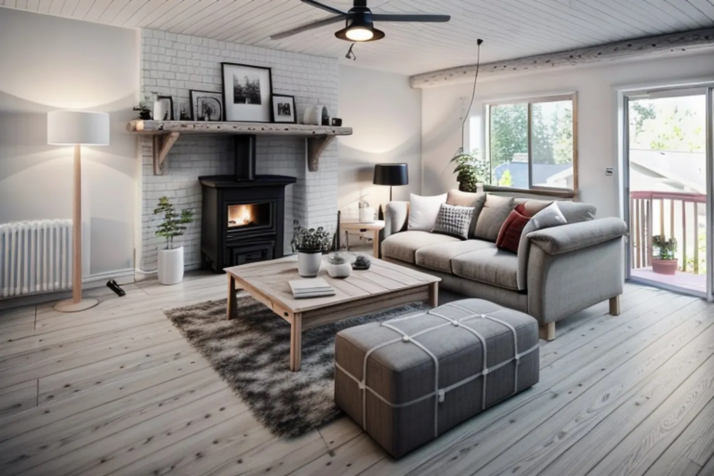 After: the same living room redesigned by DecorAI in Scandinavian style, with light wood floor, white walls and a wood stove