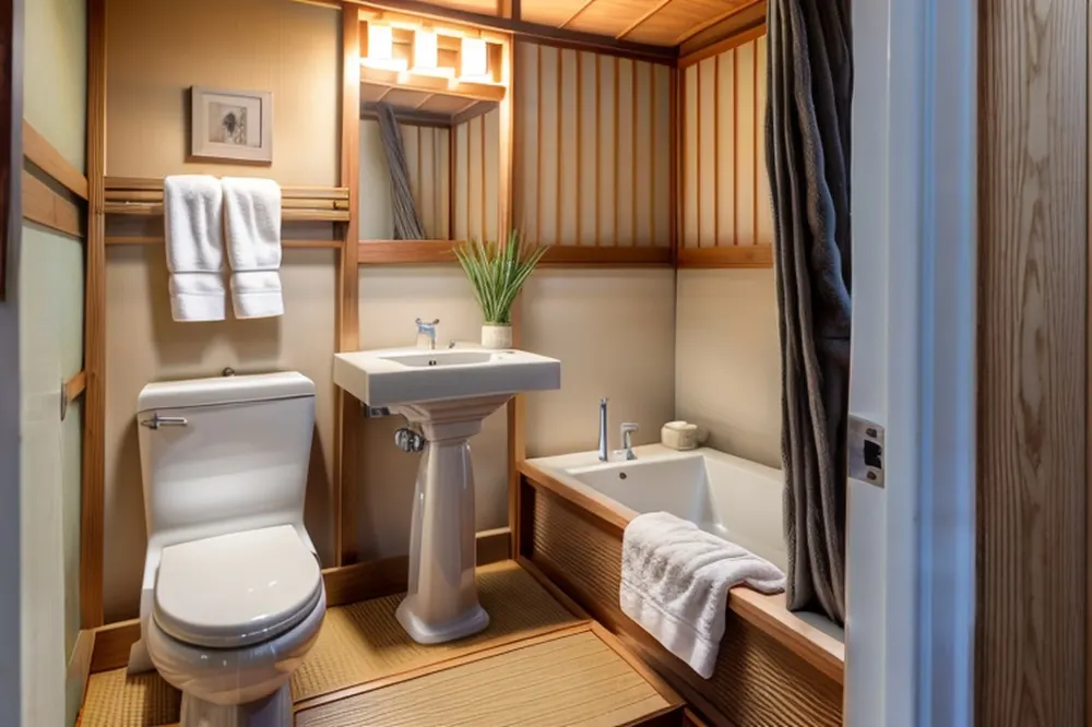 After: the same bathroom in Japanese style with wood wall panels, a slatted wood floor and a wooden tub surround