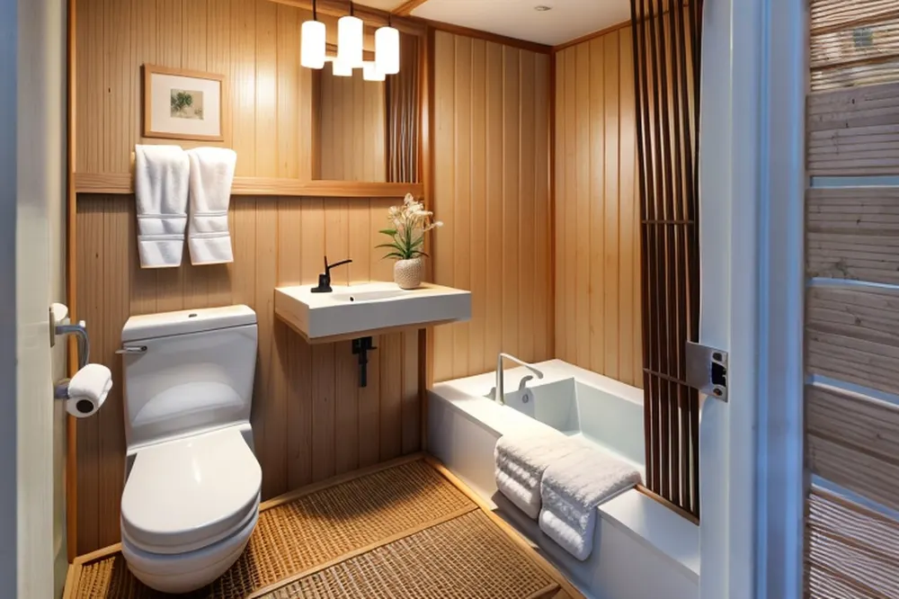 After: the same bathroom in Japanese style with wood walls, a wall-hung sink and a deeper tub