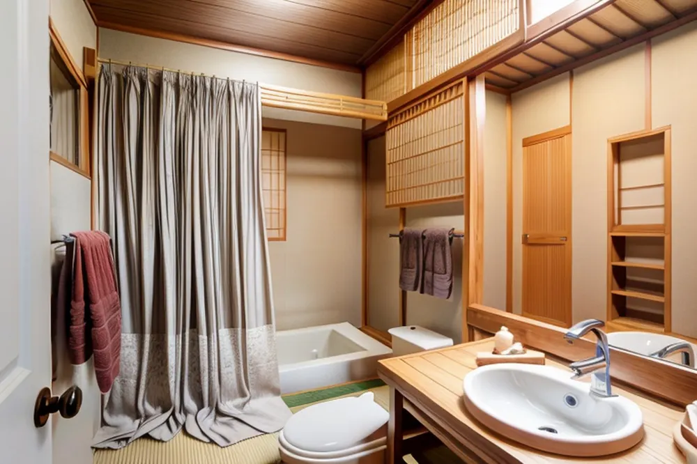 After: the same bathroom in Japanese style with a wood ceiling, paper-screen panels and a wooden vanity