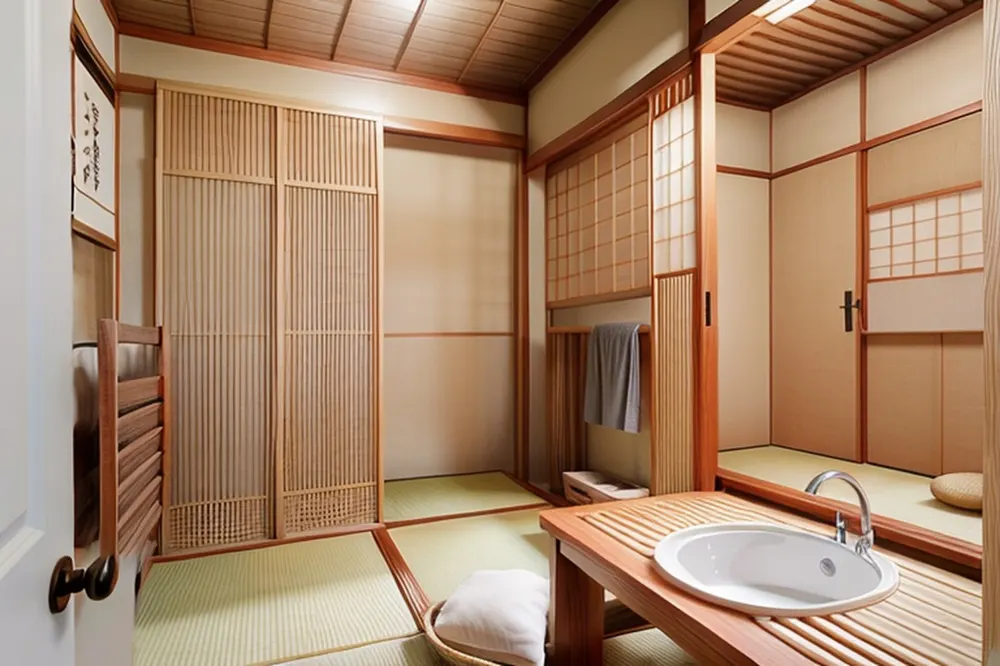 After: a Japanese room with tatami, screens and a vanity, but no toilet and no bath