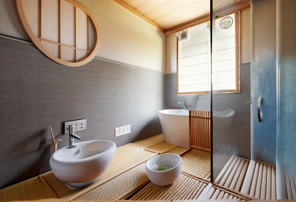 After: a Japanese room with a stone-look wall, a round screen window and a soaking tub, but no toilet